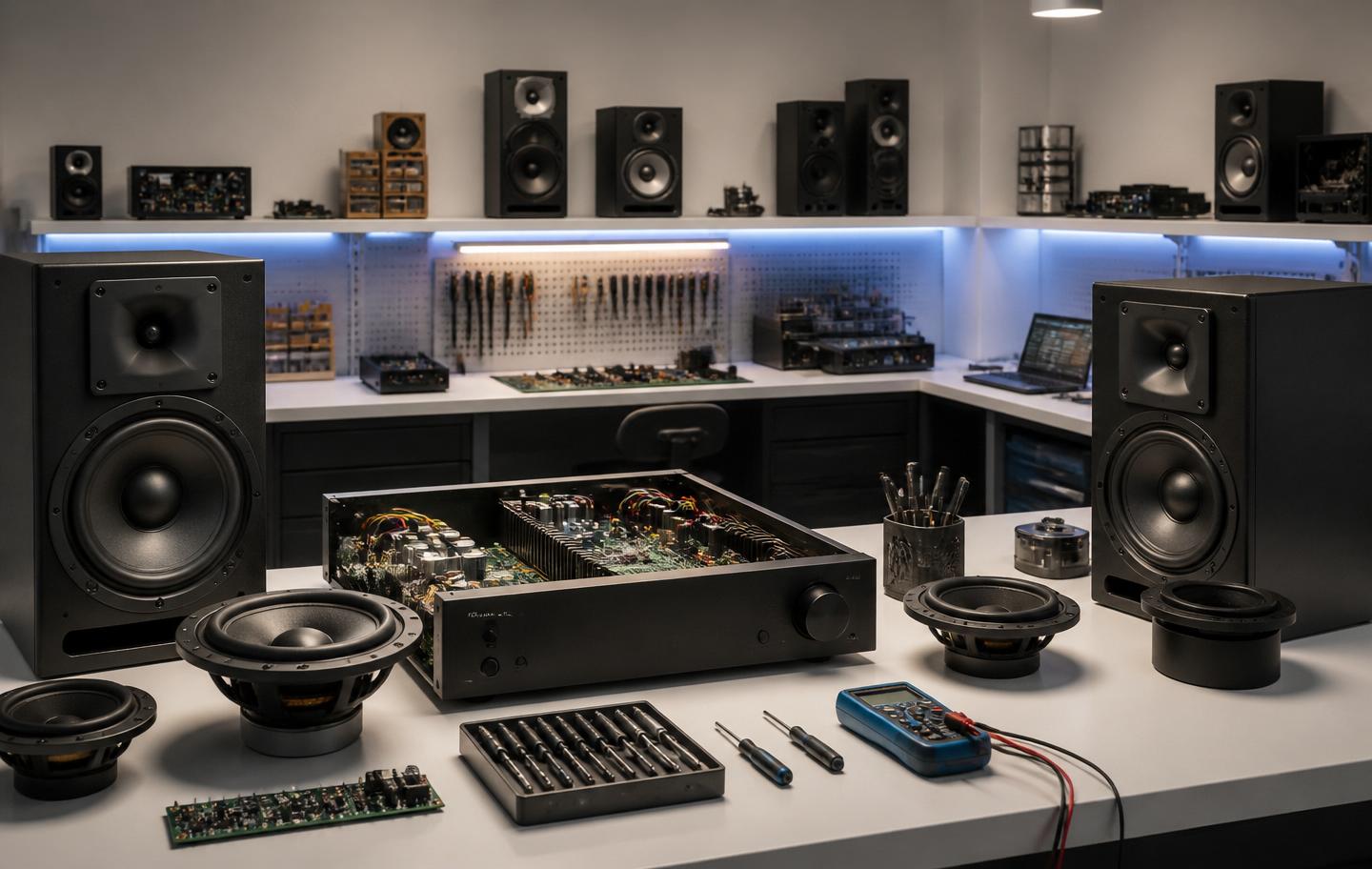 Professional audio repair workshop with speakers, amplifiers, and precision tools